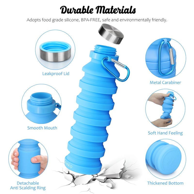 Nefeeko Collapsible Water Bottle, 18floz Reuseable BPA Free Silicone Foldable Water Bottles for Travel Gym Camping Hiking, Portable Leak Proof Sports Water Bottle with Carabiner - Image 3